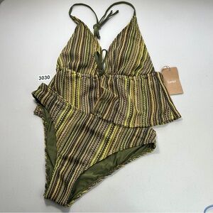 Samiol Medium Green Polyester Knit Tie Front Tankini Set New